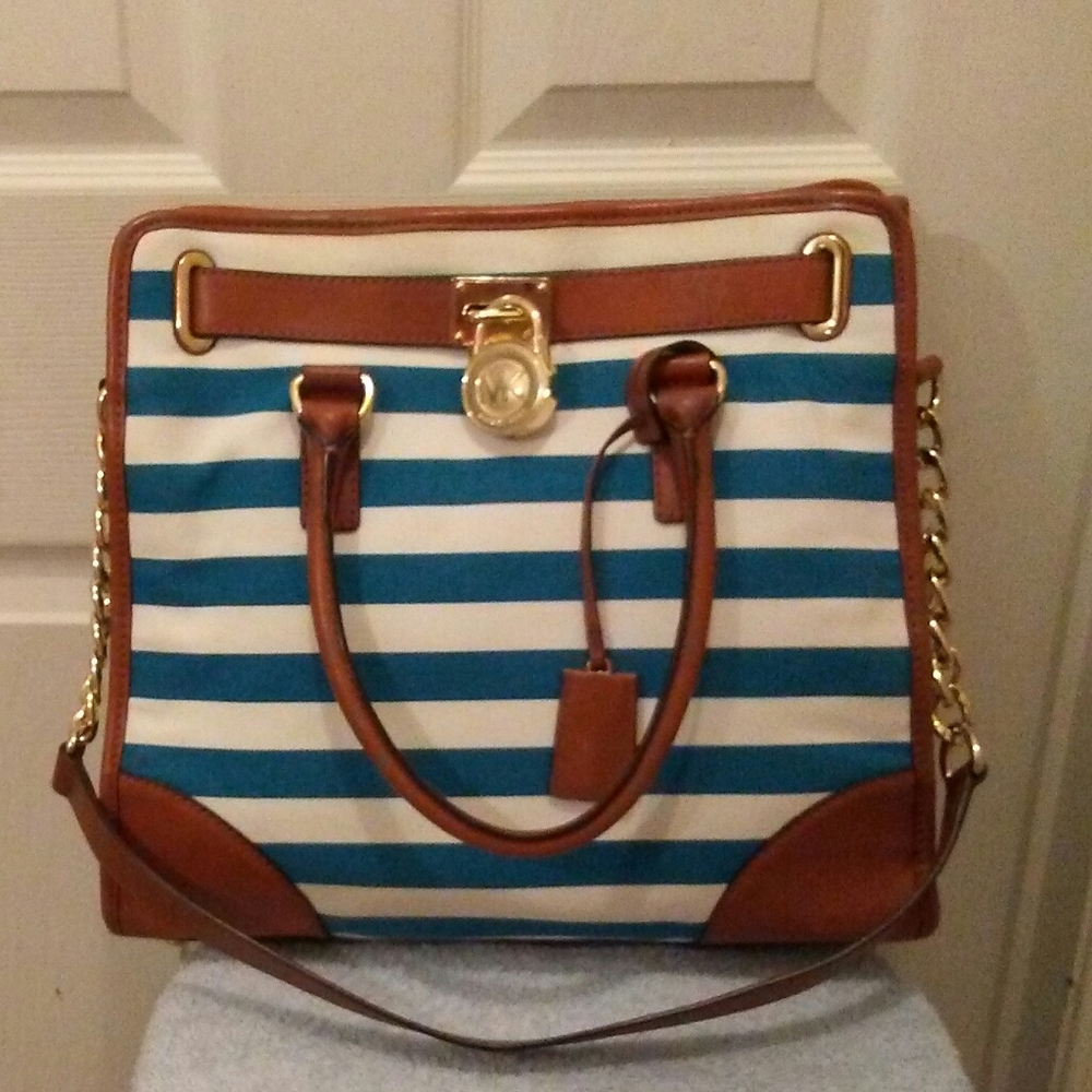 Michael Kors Leather/Canvas, Blue and White Stripes Shoulder/Tote Bag.